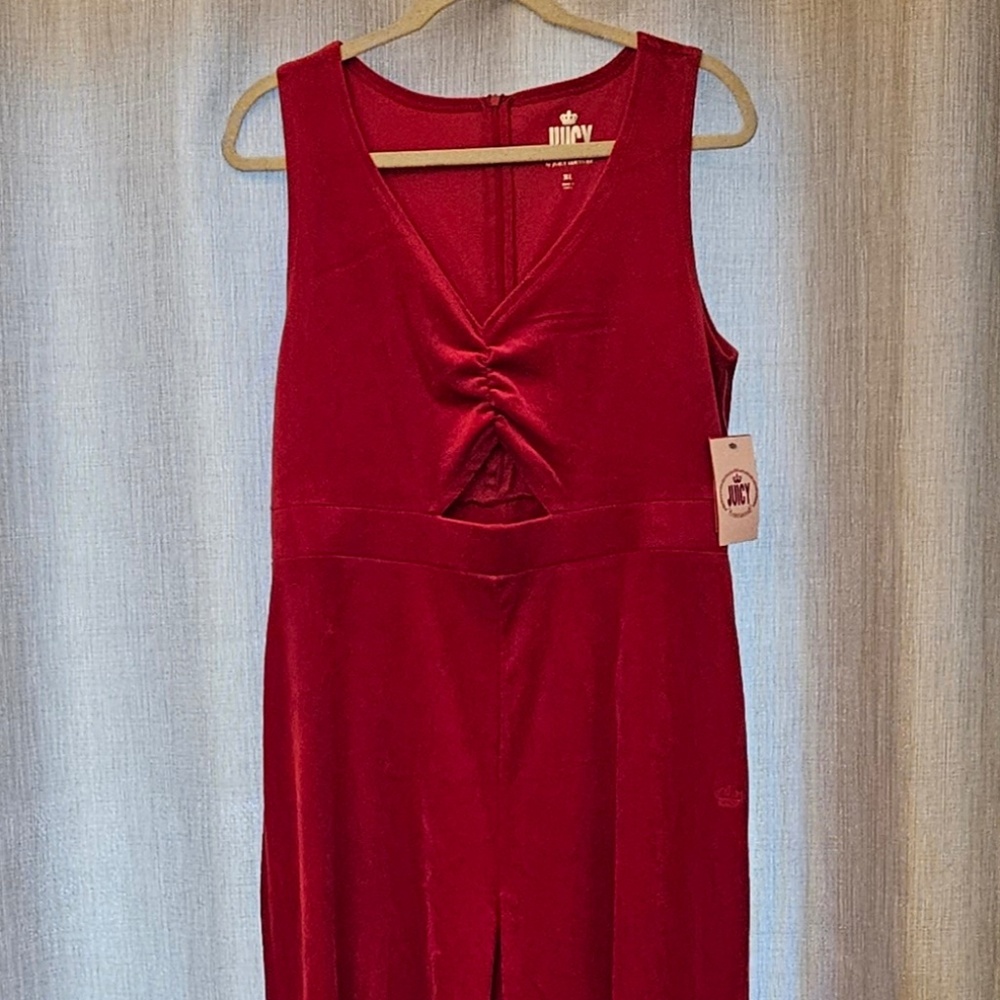 NWT Juicy Couture Red Velvet Wide Leg Sleeveless Ruched Peekaboo Jumpsuit XL